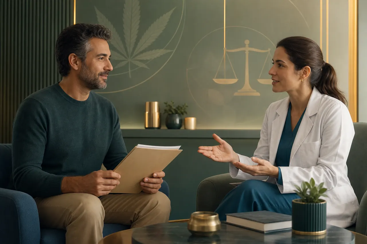 Paciente com documentos conversando com profissional de saúde sobre acesso legal à cannabis medicinal